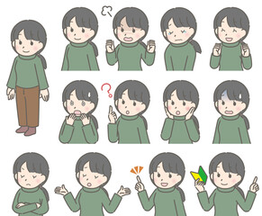 若い女性の表情セット（斜め向き、私服）