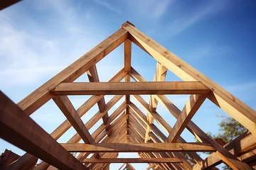 Fotobehang Wood roof trusses constructed with construction framing beams timber. Generative AI © barmaleeva