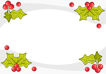 Vector frame with holly leaves and berries in cartoon style.