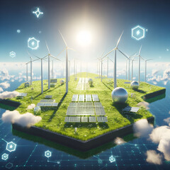 A photorealistic vision of the energy future, where solar, wind, and hydrogen play prominent roles in sustainable power generation