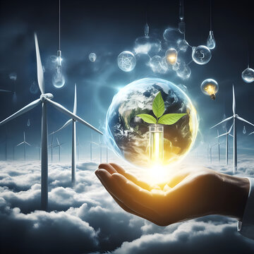 An incredibly detailed image showcasing the future of green energy, with the sun, wind, and hydrogen taking center stage