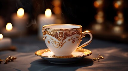 Fototapeta premium An old vintage porcelain cup with soutache style motives and golden ornaments, created with Generative Ai technology.