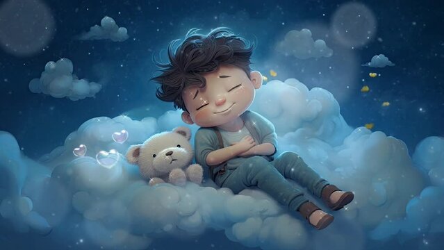 little child playing with a toy in the sky animation. with anime or cartoon style.  seamless looping video animated background	