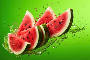 Water splash on slices of watermelon over green background. Generative Ai