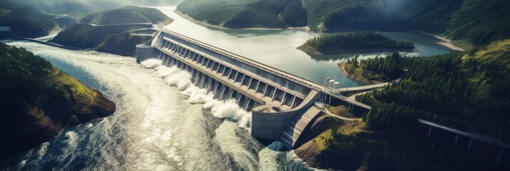 Aerial view of Hydroelectric power dam on a river and mountains - obrazy, fototapety, plakaty