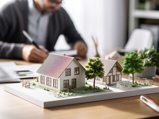 Mini house model with paper and pen on table at office with Male real estate agent home sales in background. Real estate concept.