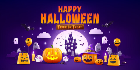 Halloween Promotion Poster or banner template.Halloween night seen with big Moon, Pumpkin ghost,Wizard Hat,cute ghost,cartoon skull and halloween elements. Website spooky or banner template