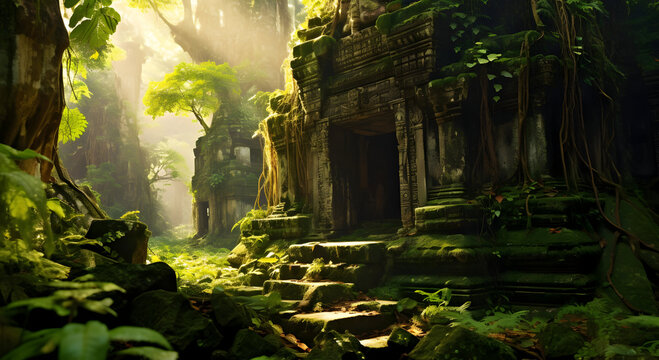 hyperrealistic photograph of an ancient ruins hidden in a jungle