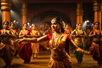 Obraz premium A indian girl doing Bharatanatyam with her troupe. church, religion, woman, glass, window, god, stained glass, art, saint, stained, christ, statue, people, bible, faith, mary