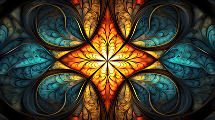 Stained glass abstract background. Fractal flower pattern in vibrant colors. Kaleidoscope art. Digital fractal design. Flower pattern in abstract stained glass. Symmetry design. - obrazy, fototapety, plakaty