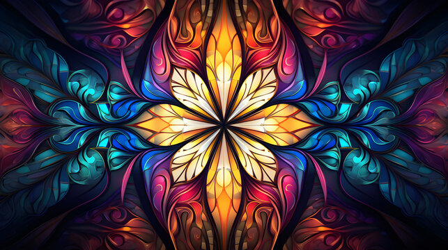 Stained glass abstract background. Fractal flower pattern in vibrant colors. Kaleidoscope art. Digital fractal design. Flower pattern in abstract stained glass. Symmetry design.