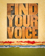 find your voice - word abstract in letterpress wood type on art paper, personal development and creativity concept