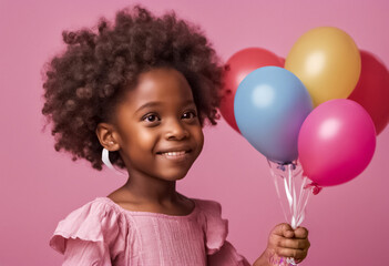 Fototapeta na wymiar Compleanno con palloncini colorati, ritratto di una bambina Africana gioiosa