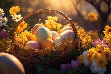Fototapeta premium easter eggs in a basket with flowers. ai generative