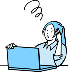 パソコン画面を前にして困惑する働く女性の単色イラスト