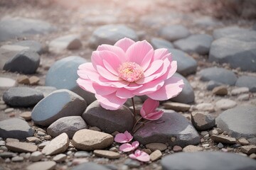 top view soft focus pink flower growing in cracked dry earth. ai generative