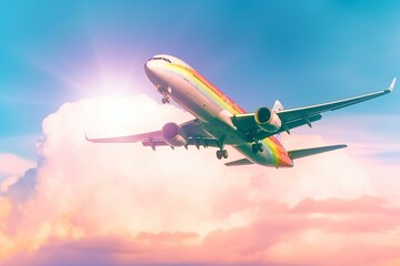 Blurry rainbow sky with clouds, plane, bright sun. Generative AI