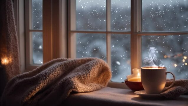 Atmosphere holiday festive a creating, cottage countryside English an in window a near blanket knitted a and mug coffee or tea of cup warm a home cozy and calm evening, holidays winter