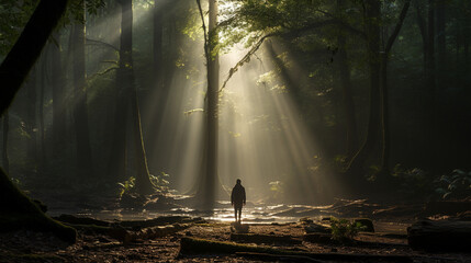 Alone in the Forest: A solitary figure standing in a misty forest, deep in morning prayer beneath towering trees. - obrazy, fototapety, plakaty