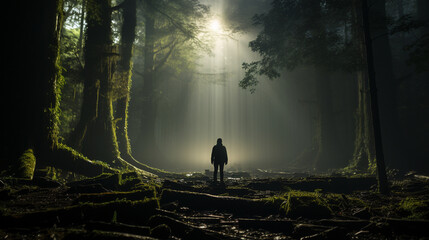Alone in the Forest: A solitary figure standing in a misty forest, deep in morning prayer beneath towering trees.