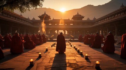 Monastery Dawn: Monks in saffron robes gathering in a monastery courtyard for their morning prayer. - obrazy, fototapety, plakaty