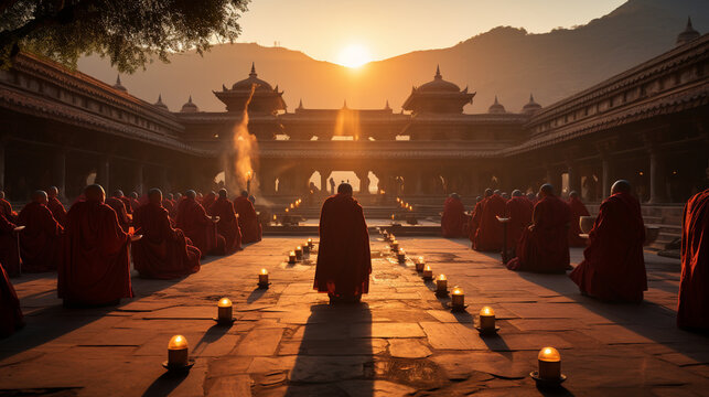 Monastery Dawn: Monks in saffron robes gathering in a monastery courtyard for their morning prayer.