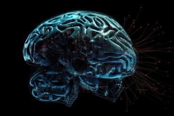 AI tech cyborg human brain with web data cables
