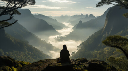 Misty Mountain Worship: A mountaintop obscured by mist, as a person conducts their morning prayer amid the clouds.