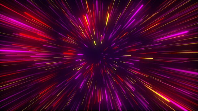 Lots of abstract High Speed Flying Lines, space background. Hyper jump into another galaxy, black space. 4k fast colorful lightspeed, neon glowing blue and red rays in motion. Bright glowing flying.