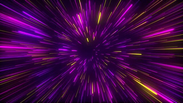 Lots of abstract High Speed Flying Lines, space background. Hyper jump into another galaxy, black space. 4k fast colorful lightspeed, neon glowing blue and red rays in motion. Bright glowing flying.