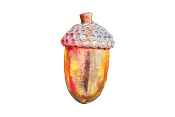 New year and Christmas tree decorations with big golden acorn and red ball, isolated on a white...