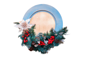 Round window house decorated with branches mistletoe and poinsettia flower, isolated on a white background. Ornament for the celebration of new year and Christmas