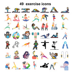 Fototapeta na wymiar Fitness Logo Icons. 49 Exercise icons. Company logo design.