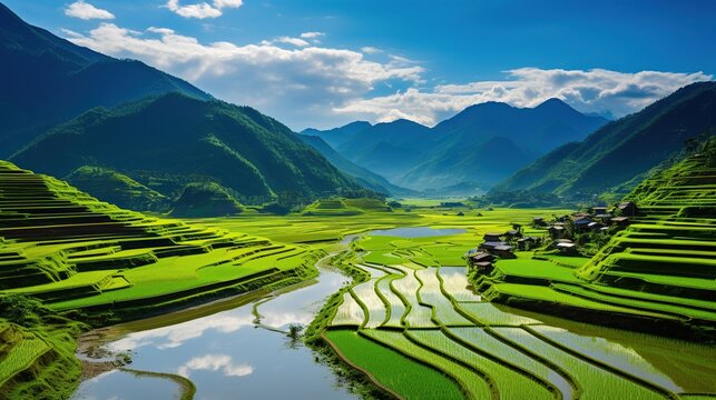 Quiet rice fields with natural beauty of the mountains. AI generated image