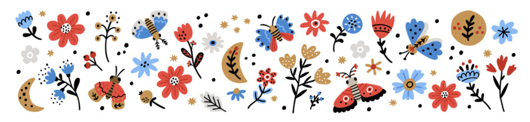 Folk Art design elements collection. Folk flora and fauna vector illustration isolated white background. Hand Drawn Folklore flowers, Floral moths, stars and moons. Scandinavian Traditional Motive  - obrazy, fototapety, plakaty