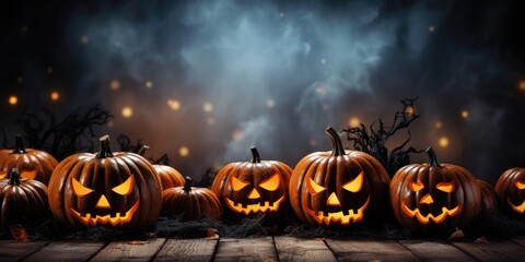 Halloween scene horror background with creepy pumpkins of spooky Halloween haunted mansion. Generative AI - obrazy, fototapety, plakaty