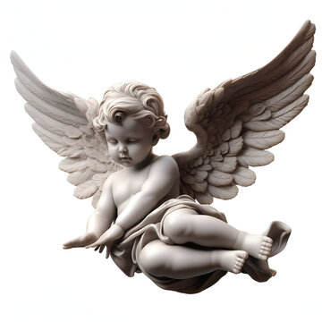 Baby angel with wings isolated on white background. Cupid, cherub statue. Cherub marble statue cupid archangel. Cupid winged figurine