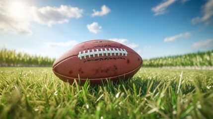 A rugby ball resting on a vibrant green field