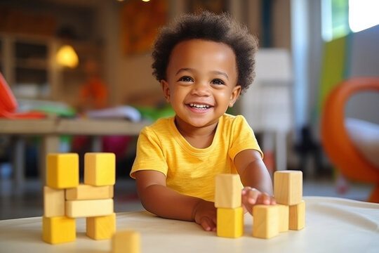 Cute curly African American todler child plays with wooden construction blocks at the table in modern children's room. Concept of games, activities, education of young preschool children