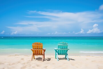 Fototapeta na wymiar Two beach chairs on tropical vacation at sea