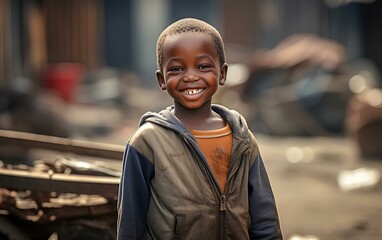 A happy African boy is a poor man, smiling cheerfully against the background of the slums. - obrazy, fototapety, plakaty