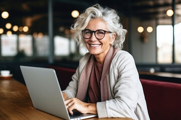 Beautiful stylish middle-aged woman works at laptop in modern office cafe coworking space. Elderly fashionable gray-haired businesswoman smiles, looks at the camera. Portrait of happy lady 50-60 years