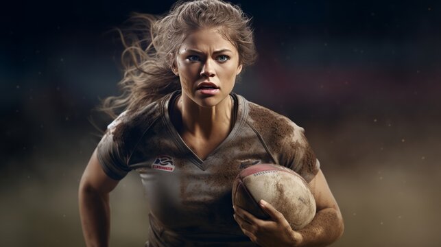 A strong female rugby player with ball in hand, ready for action