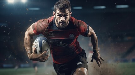 A rugby player sprinting with the ball in a thrilling game