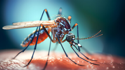 Fototapeta premium Mosquito sucking blood from its victim. Disease transmitting vector