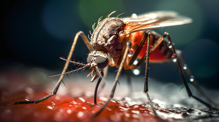 Fototapeta premium Mosquito sucking blood from its victim. Disease transmitting vector