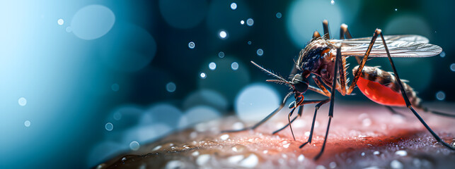 Mosquito sucking blood from its victim. Disease transmitting vector. Space for text