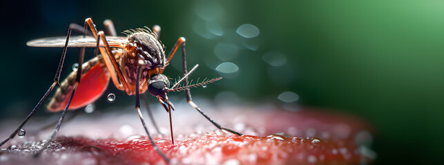 Mosquito sucking blood from its victim. Disease transmitting vector. Space for text - obrazy, fototapety, plakaty