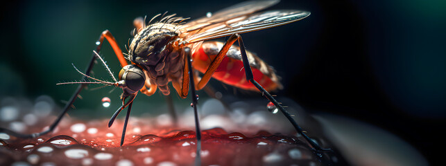 Mosquito sucking blood from its victim. Disease transmitting vector - obrazy, fototapety, plakaty