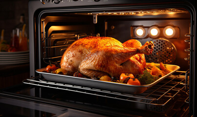 Christmas or Thanksgiving festive turkey cooking in an oven - obrazy, fototapety, plakaty